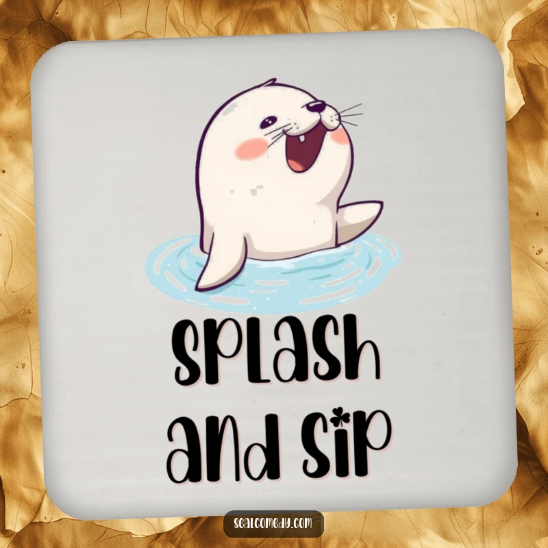 Funny seal drink coaster with an eager seal barking as it surfaces, adding joy to any surface.