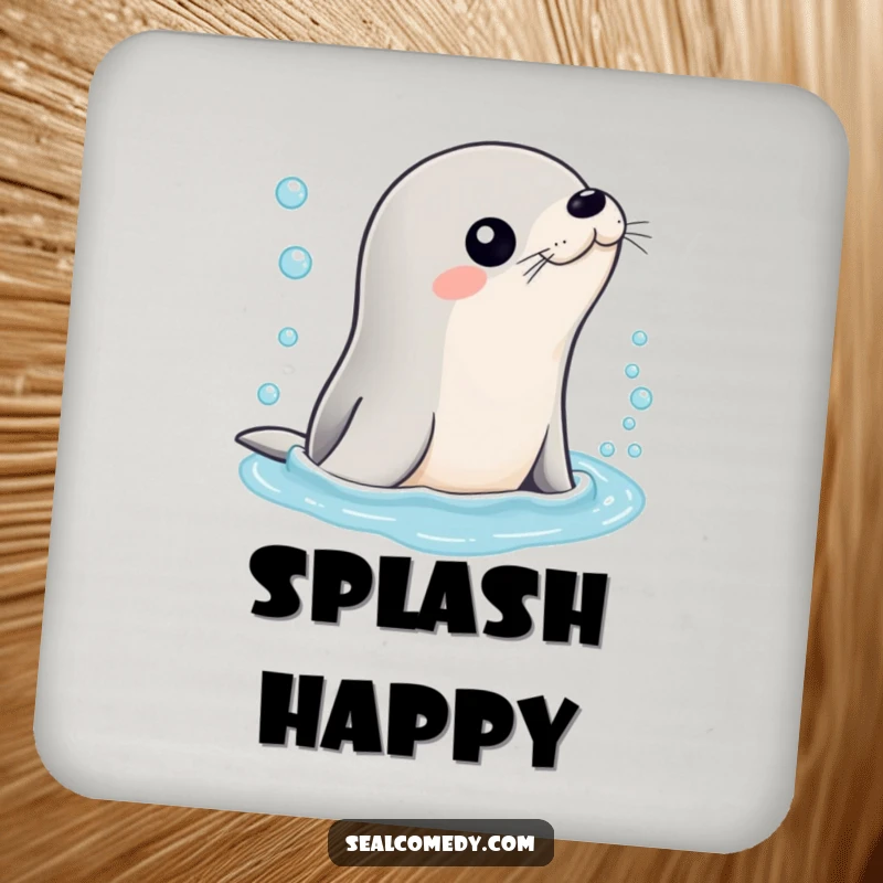 Funny drink coaster showcasing a sleek seal emerging from bubbly water, adding a splash of humor and refreshing charm to any setting.