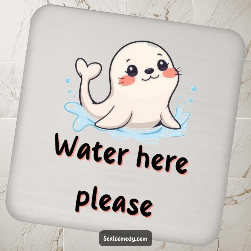 Funny seal with a playful flick of its tail, splashing in sparkling water, a cute and functional drink coaster.