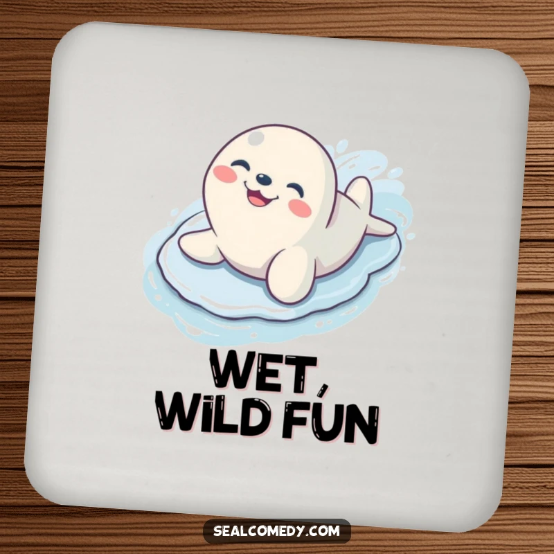 Funny seal with a wide, happy grin sliding down a wet, slippery surface, a charming drink coaster.