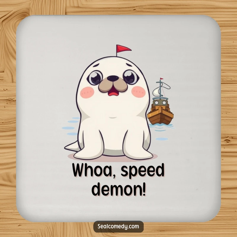 Funny surprised seal coaster, showing a seal with comical wide eyes observing a boat, protecting surfaces humorously.