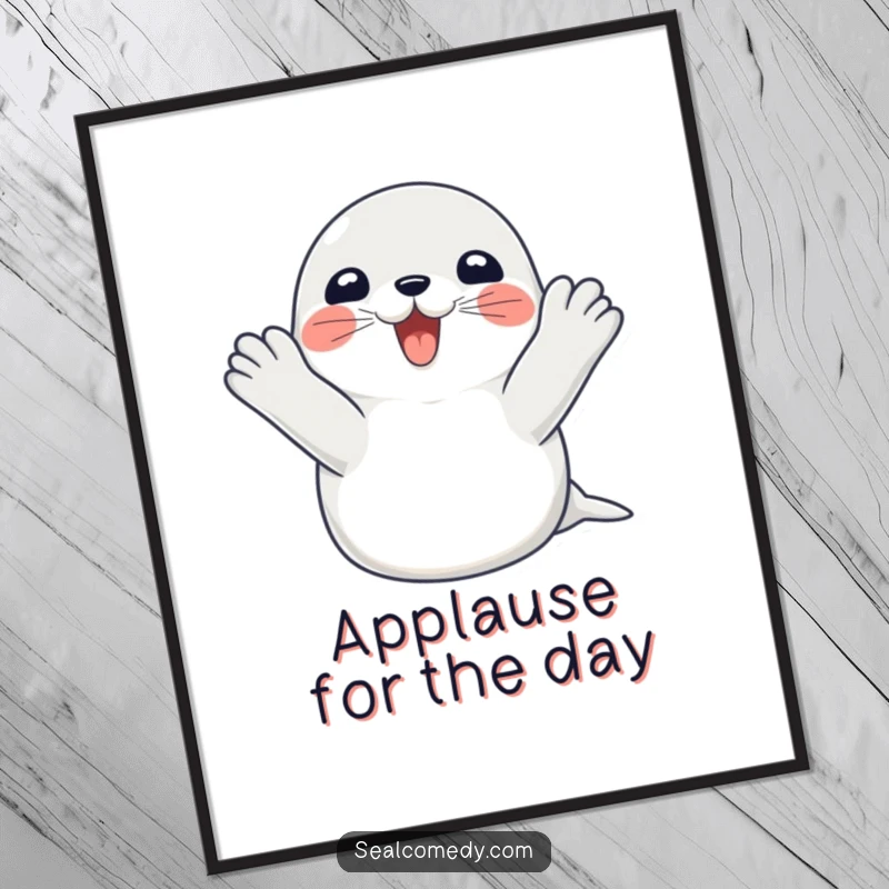 Funny seal poster depicting a happy seal clapping its flippers with great excitement, adding a humorous touch to wall art.