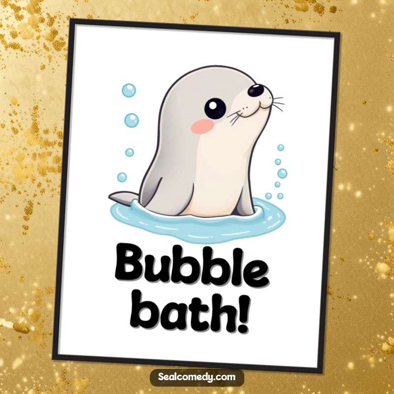 Funny poster print of a sleek seal character emerging from sparkling, bubbly water, bringing a splash of humor and cheer.