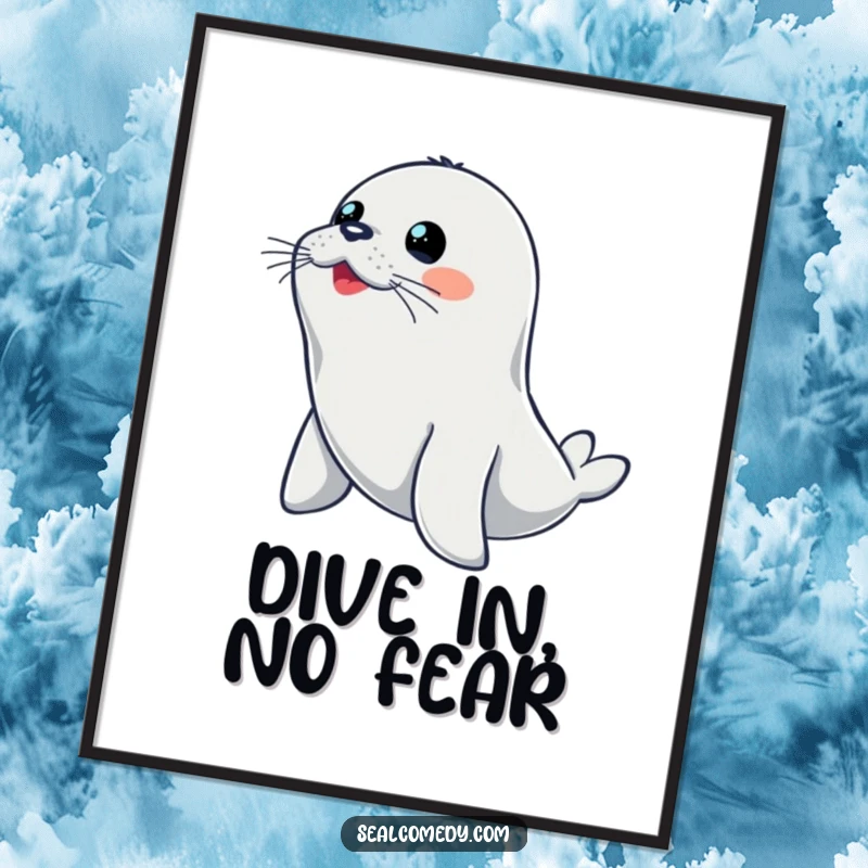 Funny seal poster capturing a seal in an alert, dynamic pose, ready to plunge into the water.