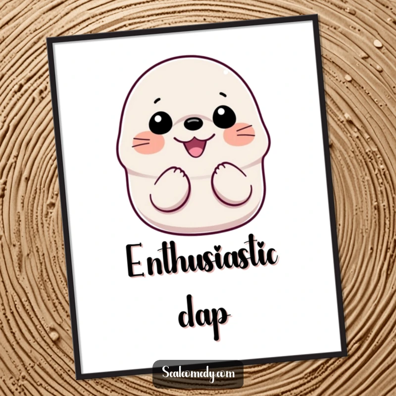 Funny Smiling Seal Poster: An artistic print of a happy seal with a wide grin, clapping its flippers with unrestrained joy.