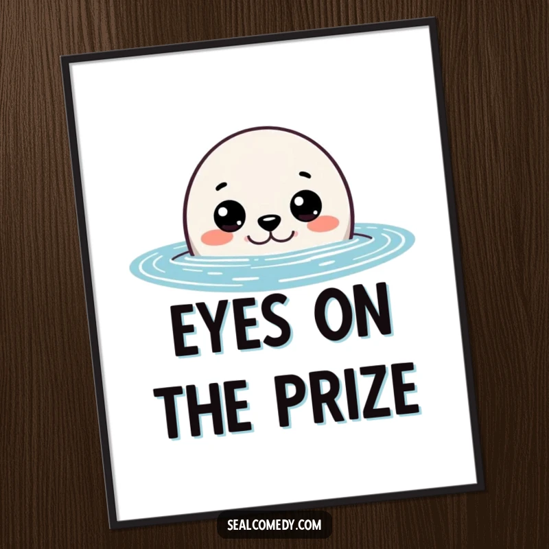 Funny seal poster depicting a curious seal peeking out of the water with wide eyes, adding a humorous touch to wall art.