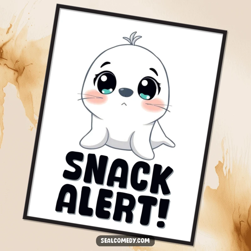 Funny poster print of a seal with exceptionally large, excited eyes looking up, conveying a sense of wonder and delightful surprise.