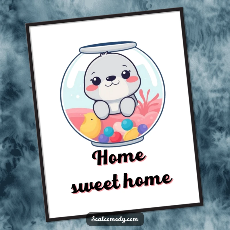 Funny poster showcasing a seal peeking inquisitively from a bright, colorful fishbowl, adding a humorous touch.