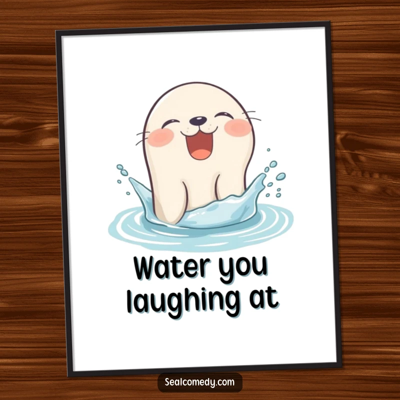 Funny seal poster giggling as it pops its head out of the water with a splash, a joyful marine mammal.