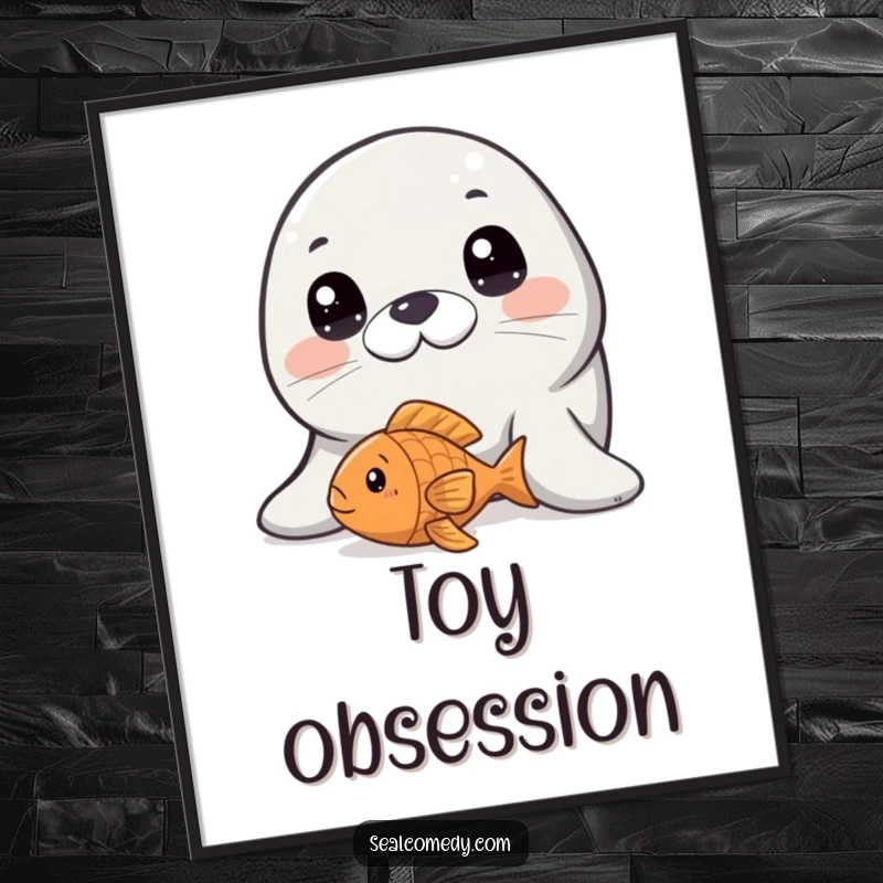 Funny seal with wide, innocent eyes, curiously looking at a floating fish toy, a charming art print.