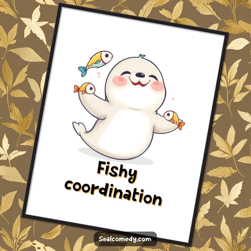 Funny seal expertly juggling three fish, presented as dynamic wall art, bringing aquatic humor to any room.