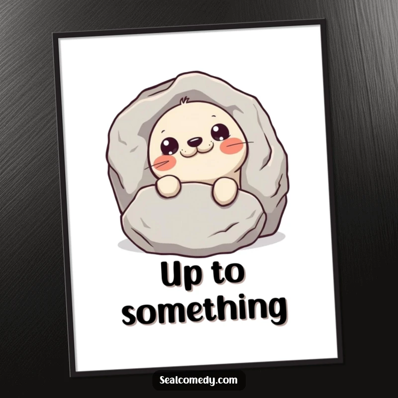 Funny mischievous seal poster, depicting a seal peeking from behind a rock, adding playful intrigue and humor to walls.