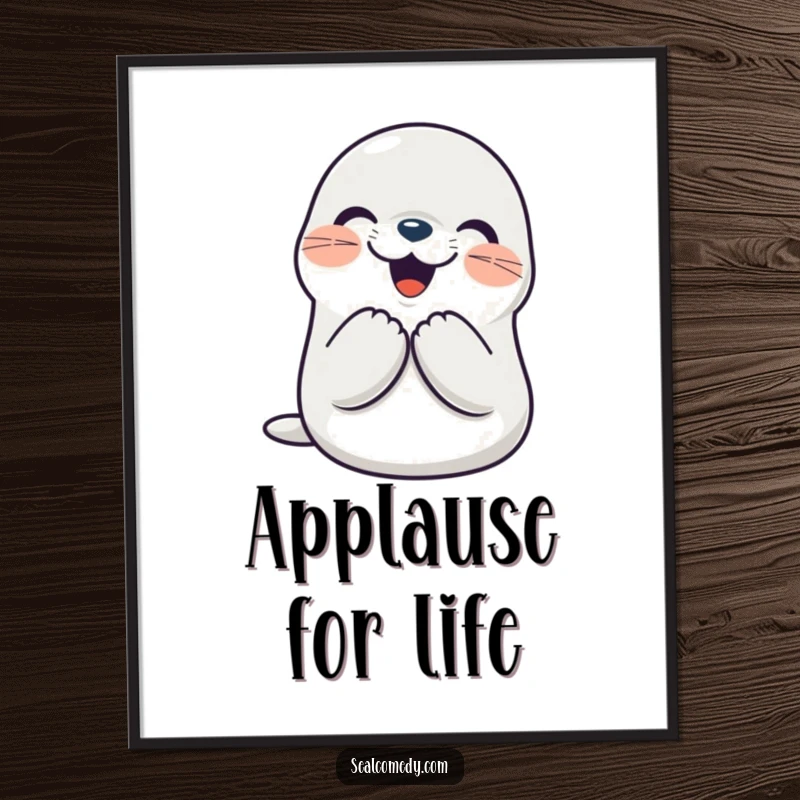 Funny seal poster depicting a smiling character clapping its flippers together joyfully. Ideal wall art for cheer and happiness.