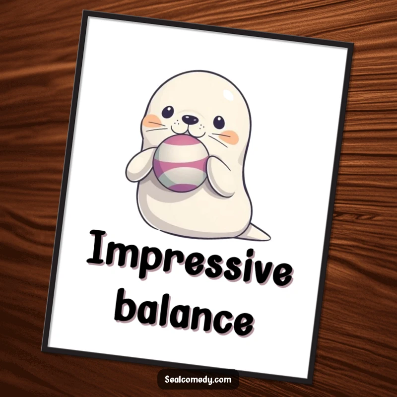 Funny Seal Poster: An artistic print of a cute, smiling seal balancing a vibrant ball on the tip of its nose.