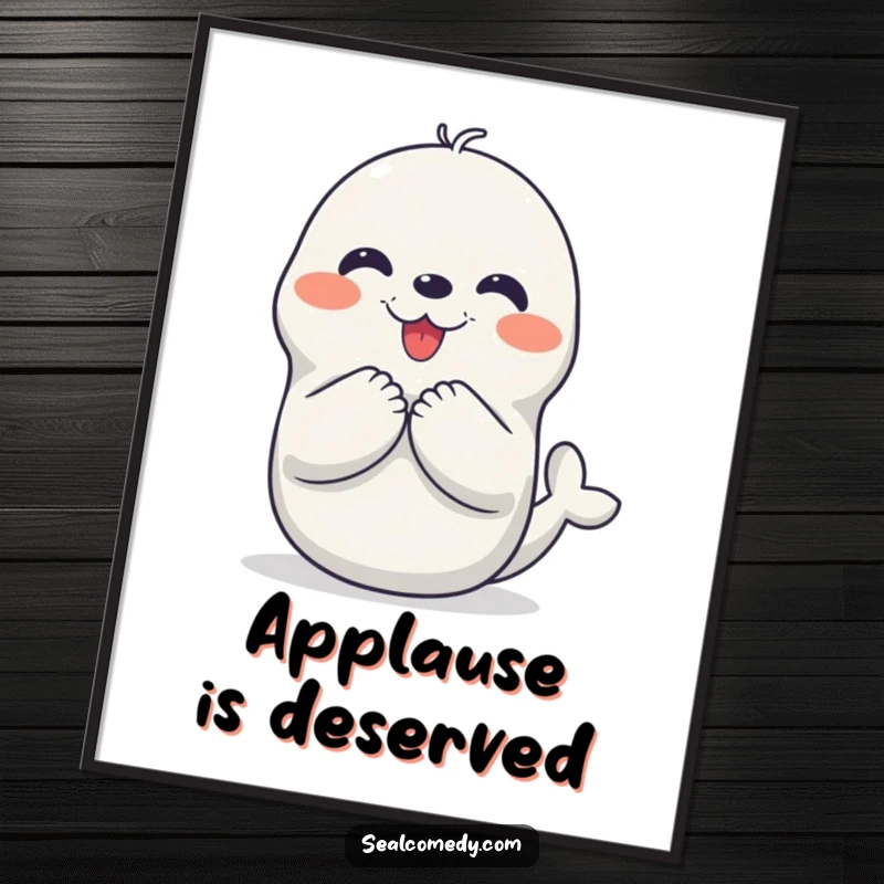 Funny poster of a seal character exuding happiness by clapping its flippers together, designed to bring a smile and brighten any wall.