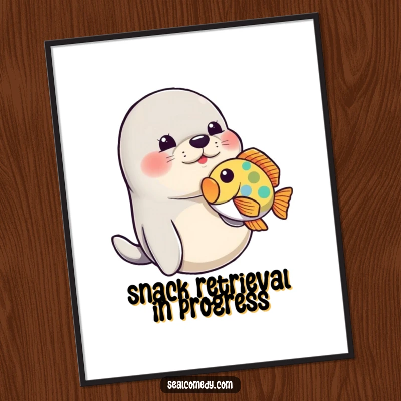Funny Seal Poster: A playful seal nudges a colorful fish with its snout, depicting a humorous and heartwarming scene.