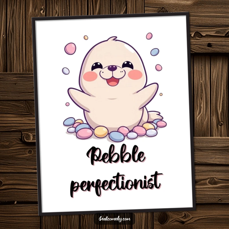 Funny seal poster depicting a seal with an enormous grin, playfully juggling a pile of shiny pebbles, full of joyful energy.