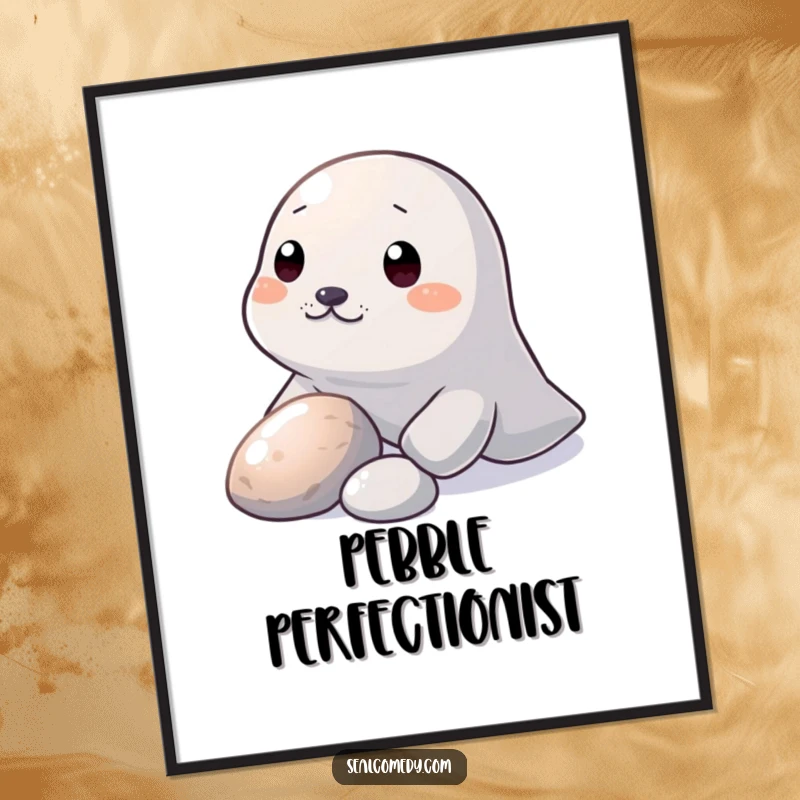 Funny Poster: A seal nudges a shiny pebble with its snout, a humorous and charming depiction of curiosity.