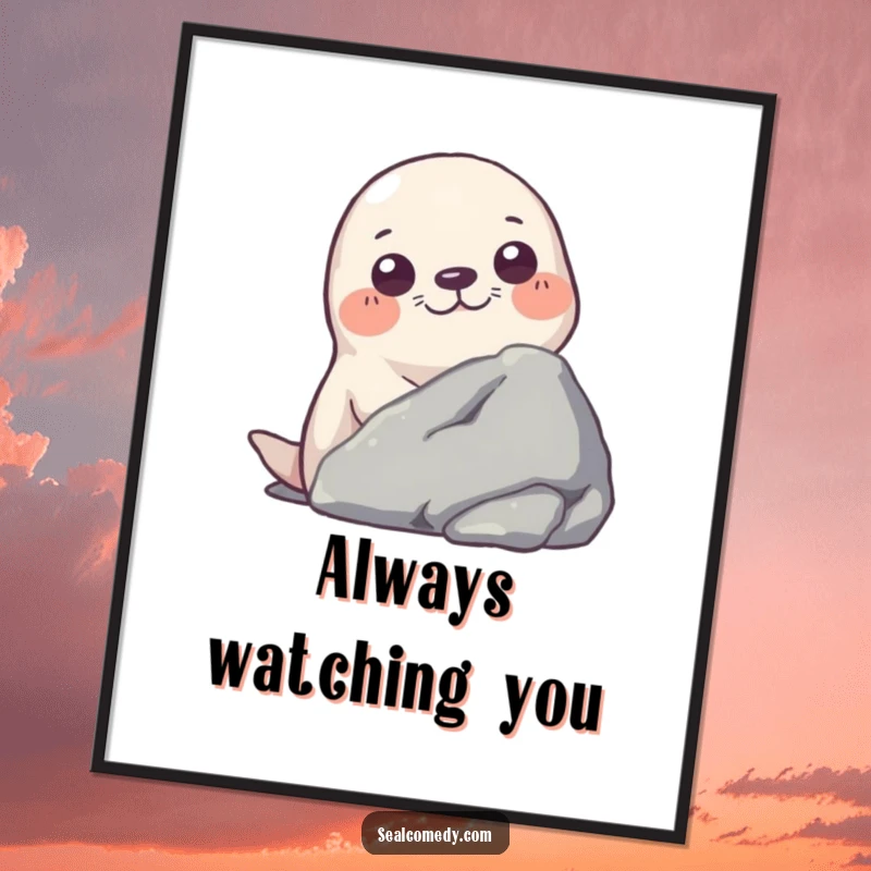 Funny poster art showing a seal with an inquisitive expression peeking out from behind a weathered rock.