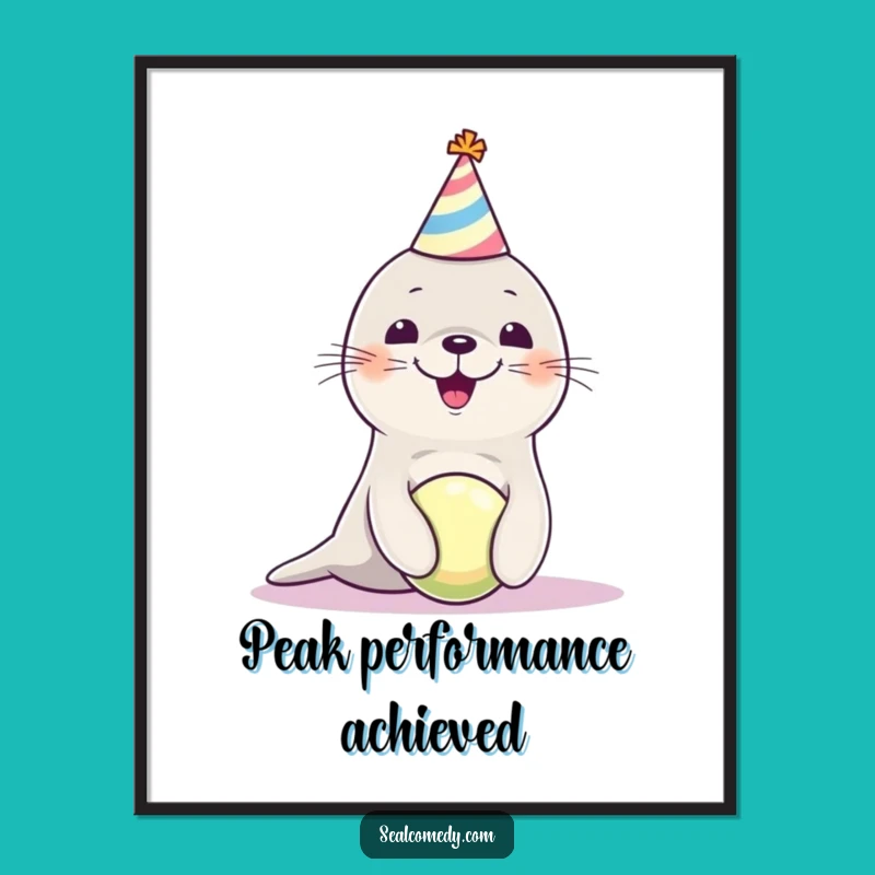 Funny Seal Pup Party Hat Poster - Joyful Balancing Ball Wall Art Gift