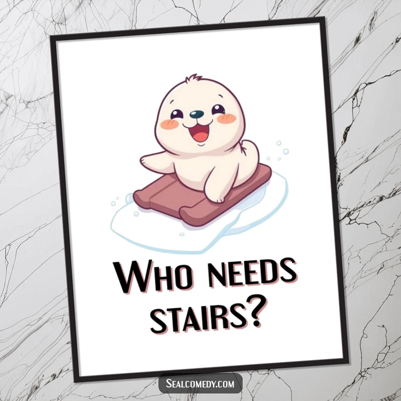 Funny seal pup in mid-slide on an icy slope, smiling widely, presented as vibrant wall art for home decor.