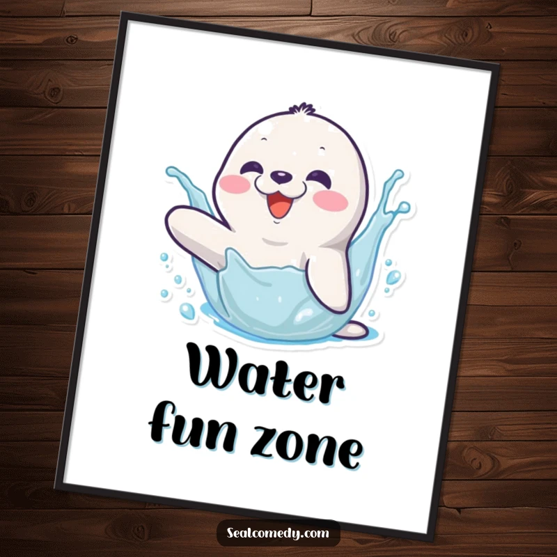Funny poster of a happy seal character joyfully splashing water with its flipper, capturing pure aquatic fun.