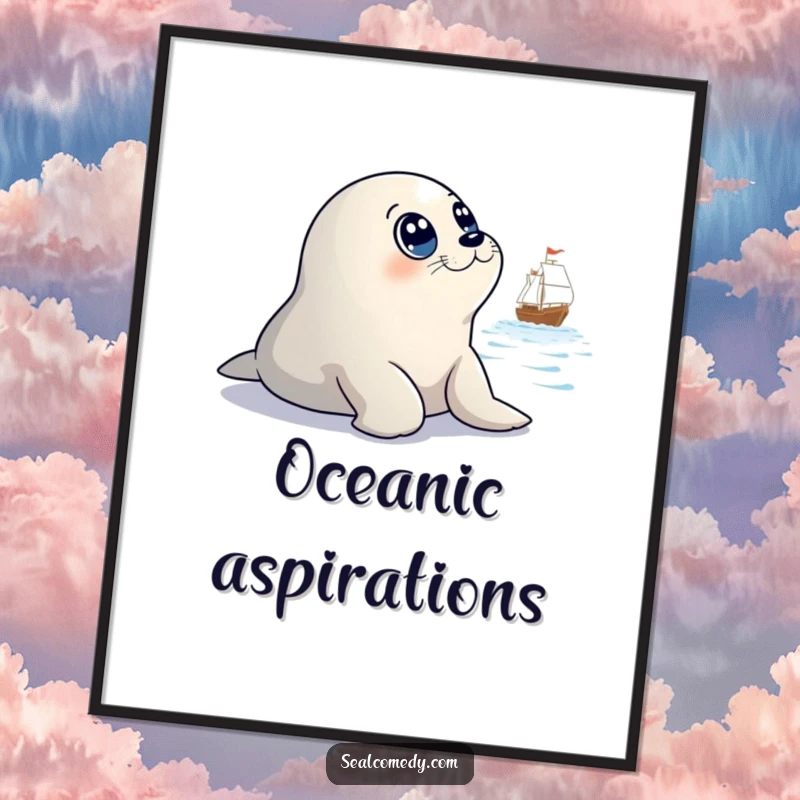 Funny poster art depicting a seal with large, innocent eyes watching a faraway ship, adding humor and charm to wall decor.