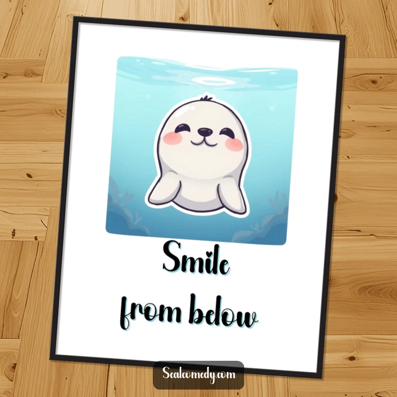 Funny Poster: A seal with a shy smile peeks from underwater, a humorous and charming wall art piece.