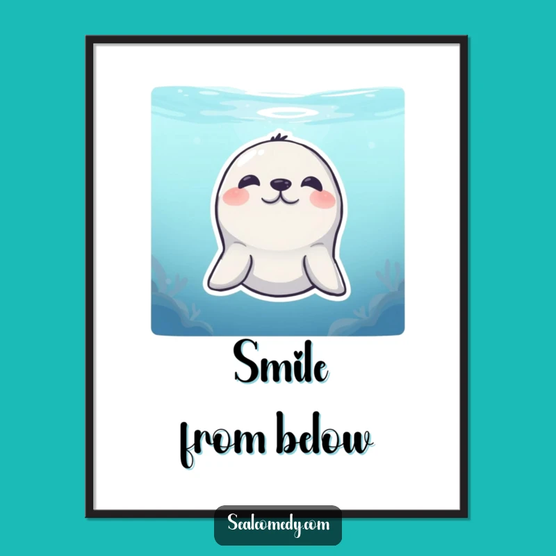 Funny Shy Seal Poster: Underwater Peek Art - Cute Decor Funny Gift
