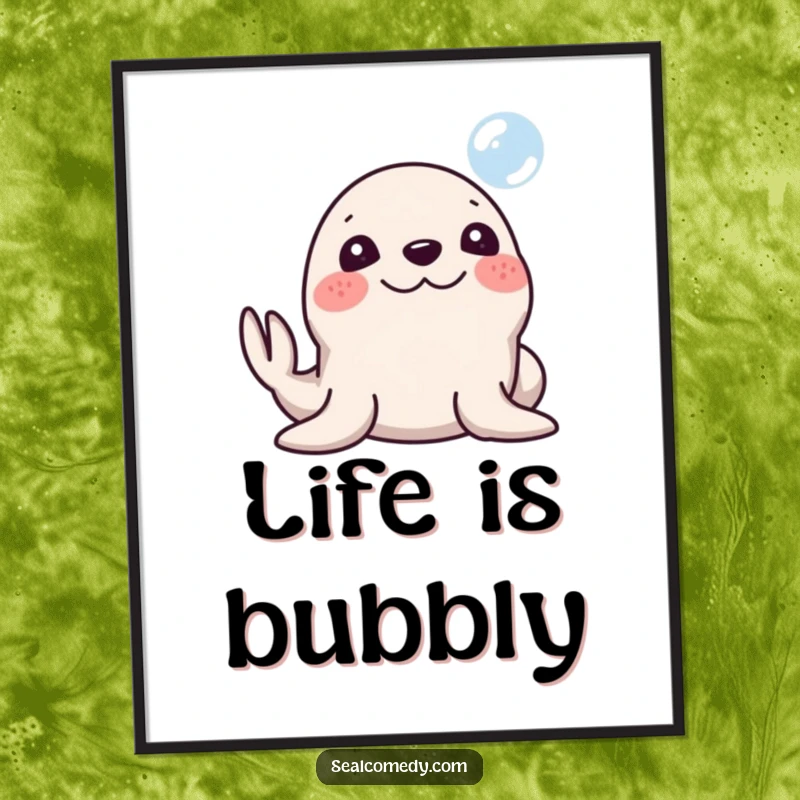 Funny Seal Poster: A seal with a silly smile honking its nose at a bubble. Whimsical and humorous wall decor, perfect funny gift.