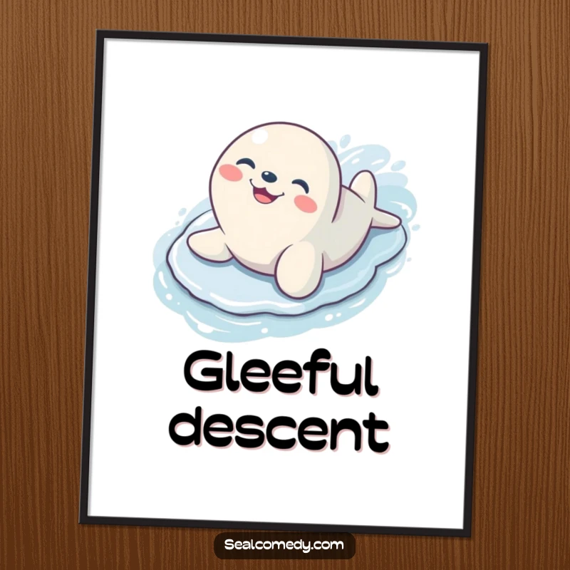 Funny seal with a wide, ecstatic grin sliding down a wet, slippery surface, a vibrant and amusing art print.