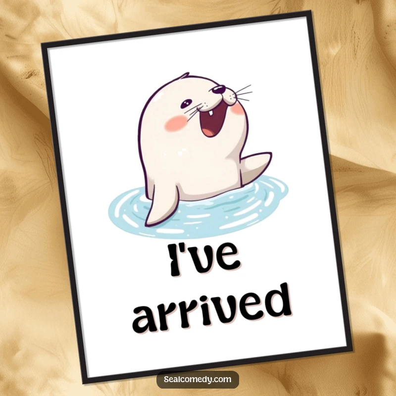 Funny seal poster capturing an eager seal barking joyfully as it emerges from the water.