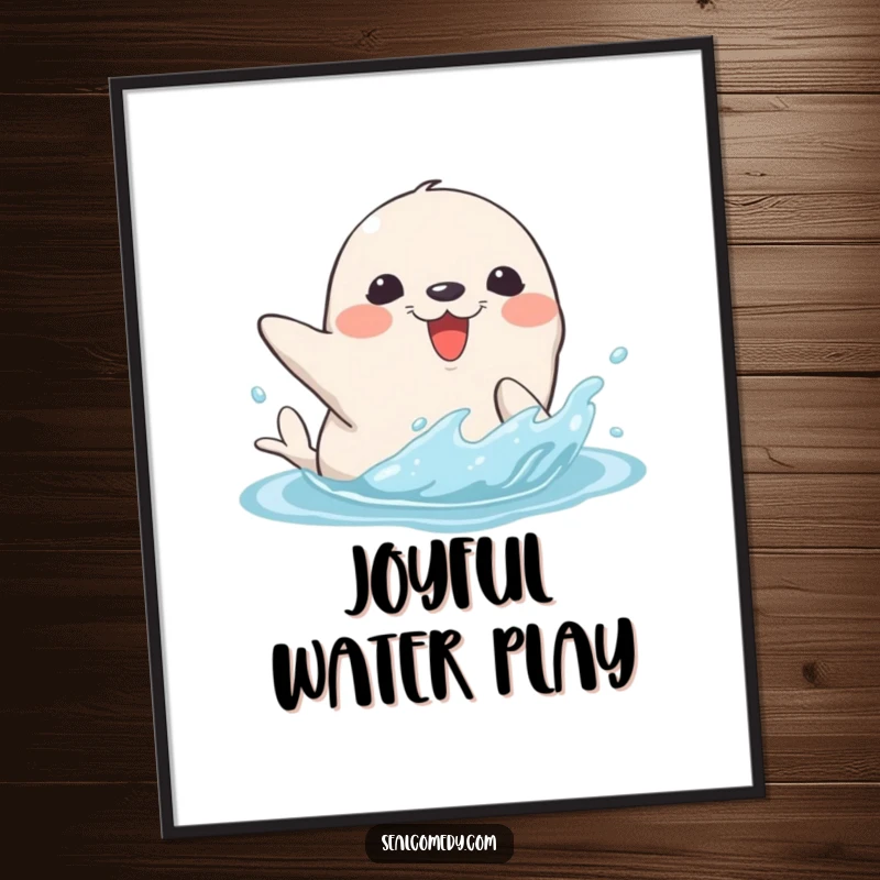Funny poster showcasing a seal character joyfully splashing water with its flipper, capturing a moment of pure, unadulterated fun.