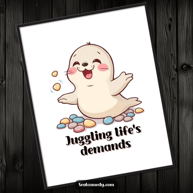 Funny poster showcasing a seal having a blast, giggling while skillfully juggling a pile of shiny pebbles.