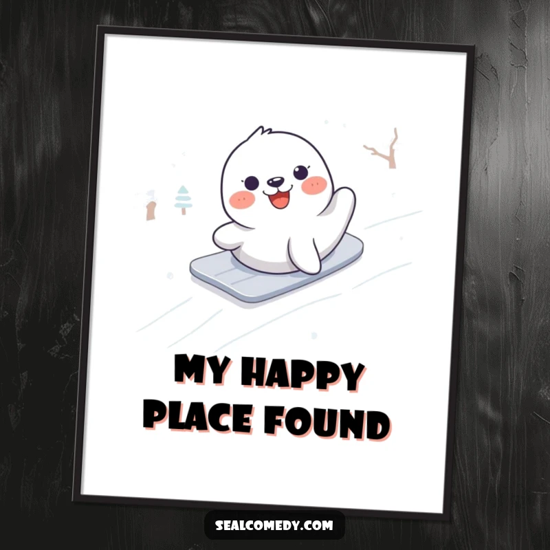 Funny poster art showing a seal happily sliding down a pristine snowy slope, showcasing winter’s exhilarating fun.