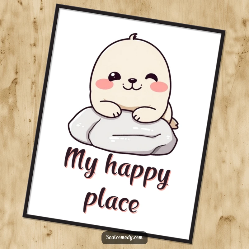 Funny poster featuring a seal with a pleased expression resting its chin on a stone, bringing a humorous and peaceful vibe to any room.