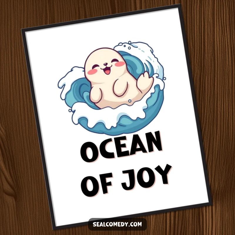Funny seal poster doing a playful roll in stylized waves, a delighted marine mammal enjoying the ocean, ocean art.