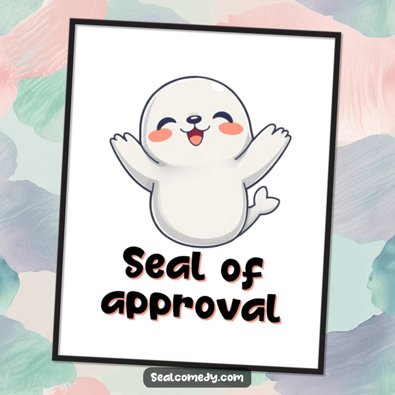 Funny Poster of a seal performing a joyous dance with flippers raised, bringing cheerful vibes.