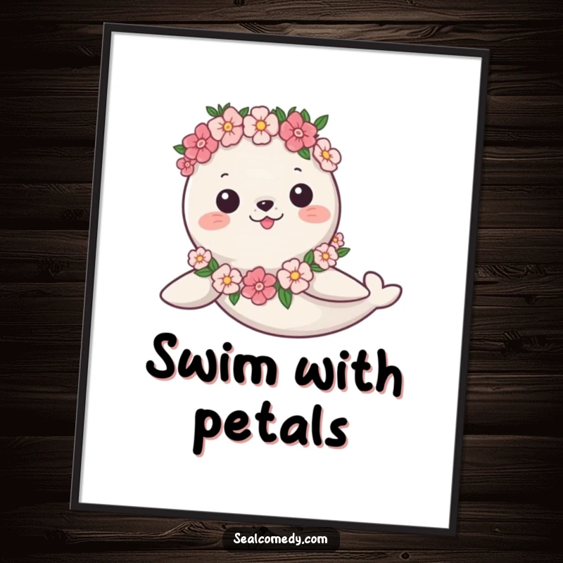 Funny Poster: A graceful seal swims with a flower garland, a humorous and artistic statement for any space.