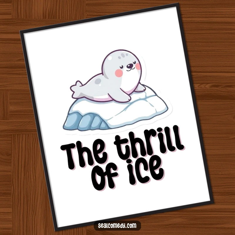 Funny poster showcasing a seal character in mid-slide down an icy slope, capturing the essence of playful winter excitement.
