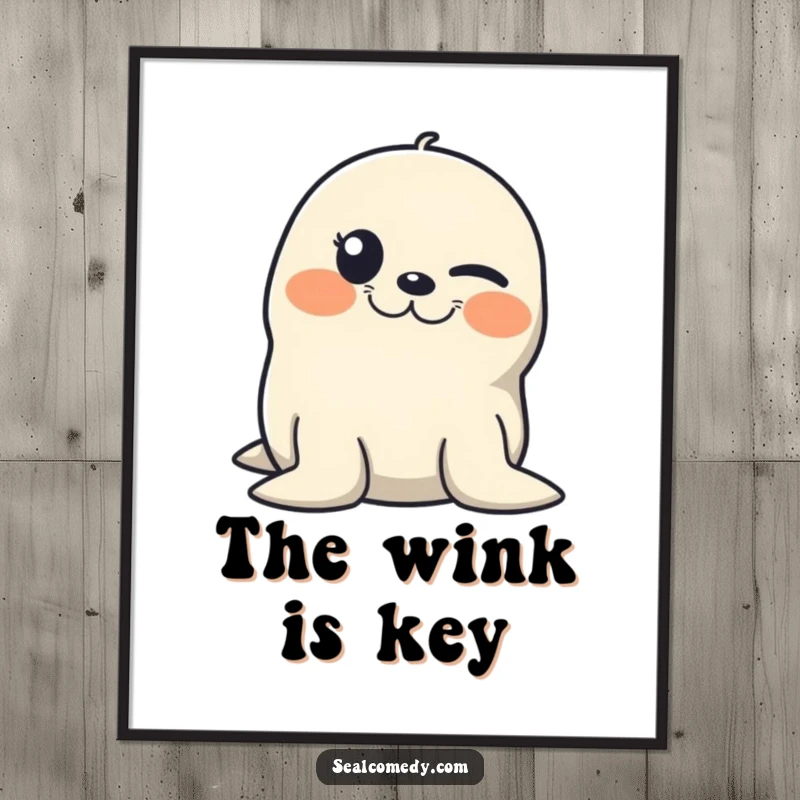 Funny poster showcasing a seal winking with a mischievous grin, adding a touch of playful humor to walls.
