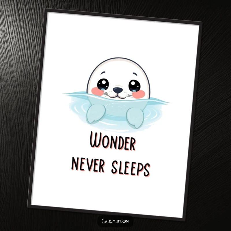 Funny seal pup with wide, curious eyes, peeking its head above the water, creating a humorous and intriguing piece of wall art.