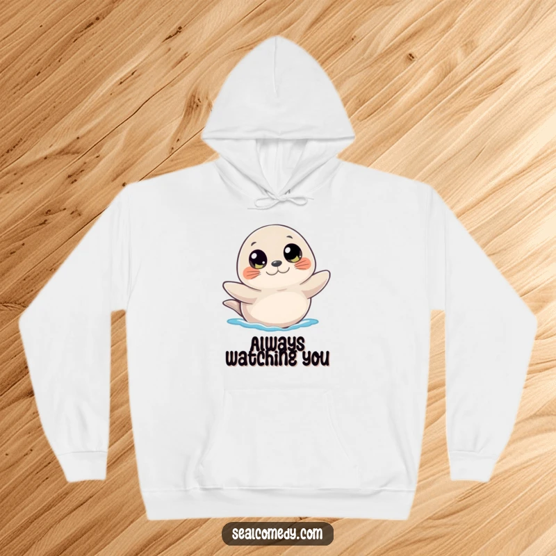 Funny hoodie depicting a seal with large, expressive eyes, giving a gentle wave, radiating warmth and friendly curiosity.