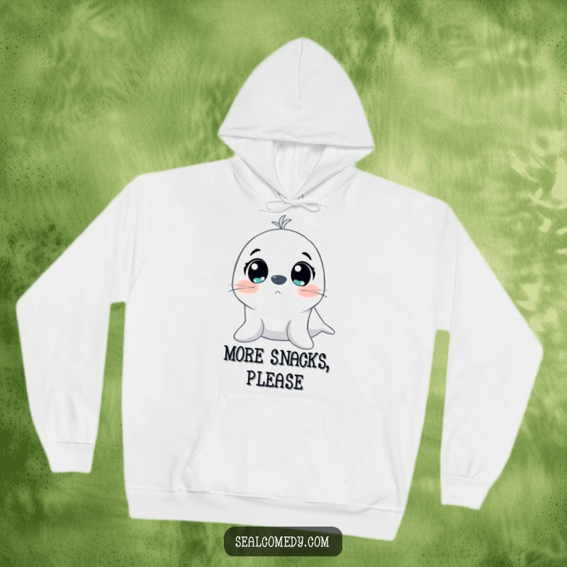 Funny hoodie featuring a seal character with comically large, excited eyes gazing upwards, offering warmth and a cheerful vibe.