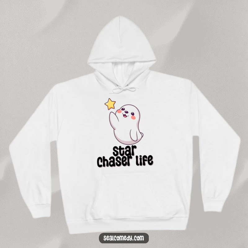 Funny Seal Hoodie: A playful seal gently reaches out a flipper to touch a luminous floating star, a symbol of dreams and wonder.