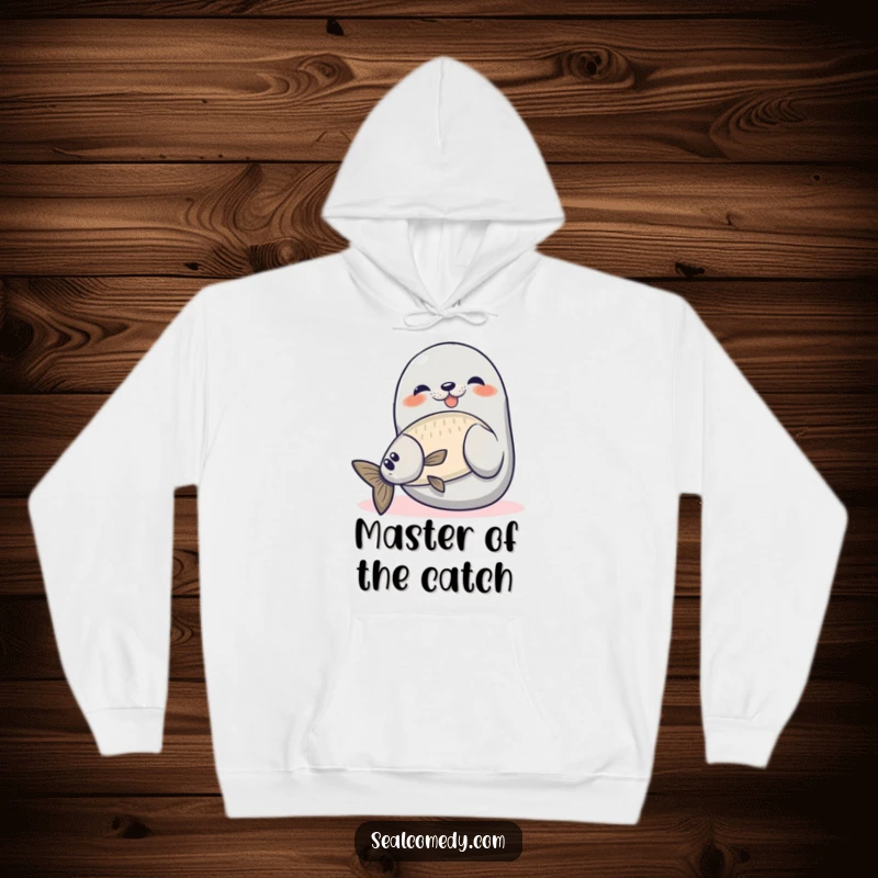Funny seal hoodie featuring a proud seal catching a fish, a warm and humorous apparel item for anglers.