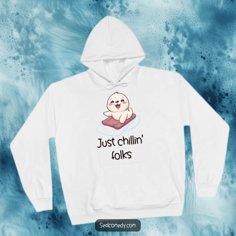 Funny seal pup's exhilarating slide down an icy hill, captured on a warm, comfortable hoodie, great for gift-giving.
