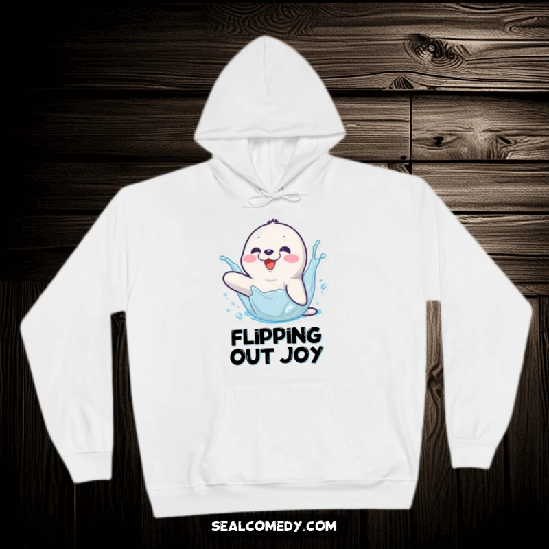 Funny hoodie featuring a happy seal character splashing water with its flipper, perfect for cozy, playful moments.