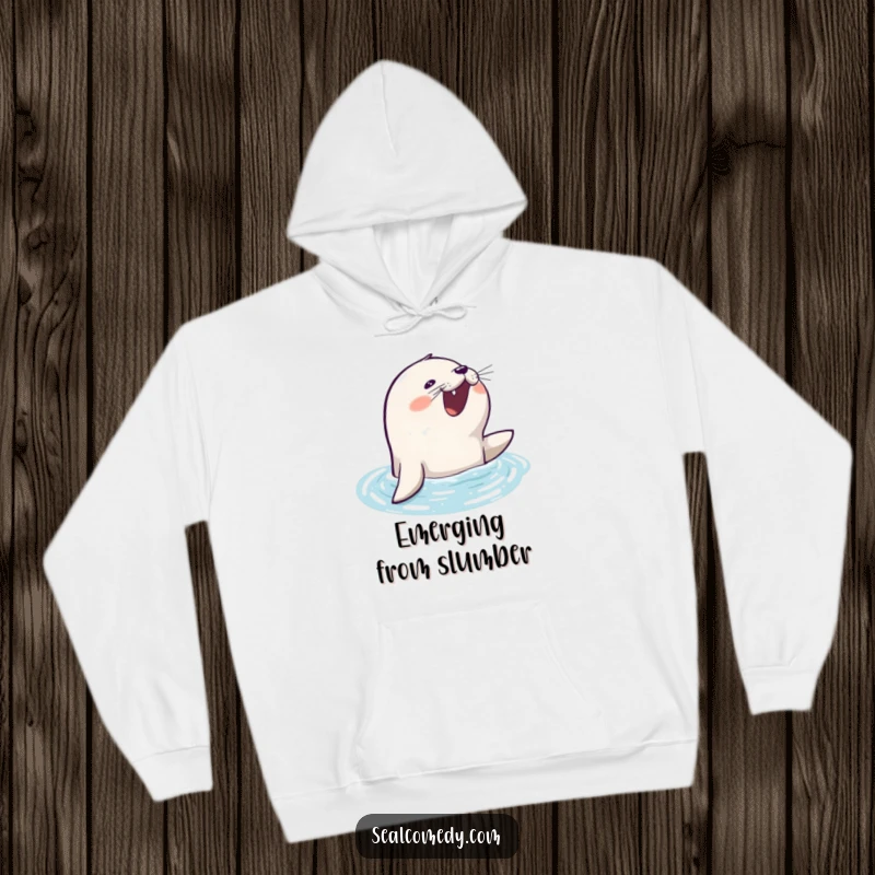 Funny seal hoodie featuring an eager seal barking happily while surfacing from the water, perfect for cold days.
