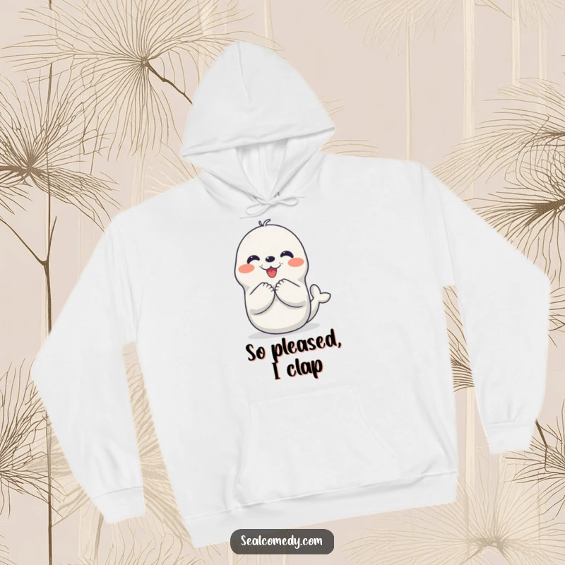 Funny hoodie with a smiling seal character joyfully clapping its flippers, symbolizing ultimate happiness and comfort, ideal for a cozy gift.